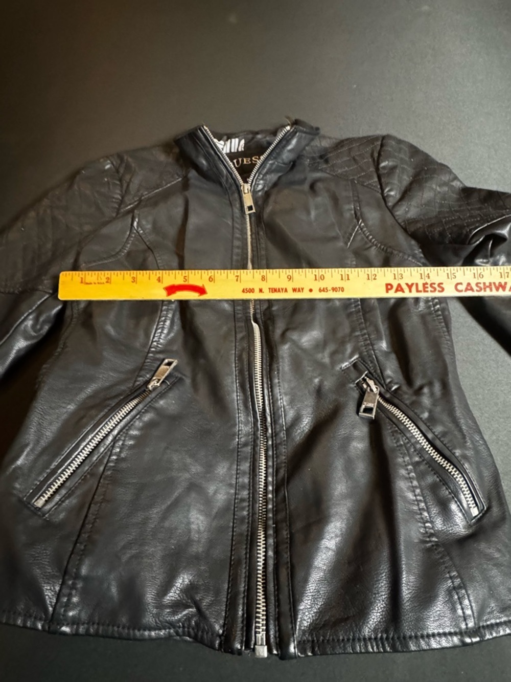 GUESS Black Faux Leather Quilted Shoulder Moto Jacket Y2K - Picture 7 of 7
